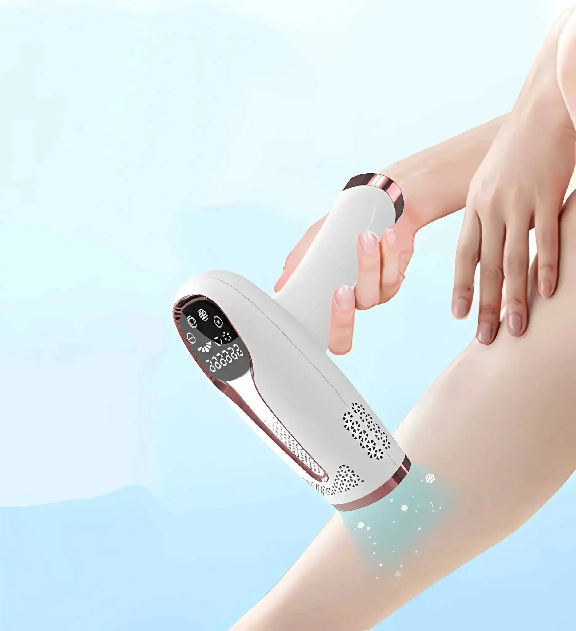IPL laser hair removal device with digital display being used on smooth leg skin for at-home hair reduction.