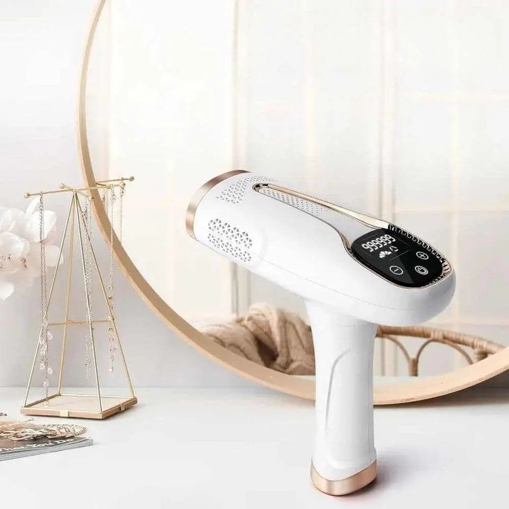 Compact IPL laser hair removal device with 999,999 pulses for home use, featuring multiple intensity levels and advanced light technology for long-lasting results.