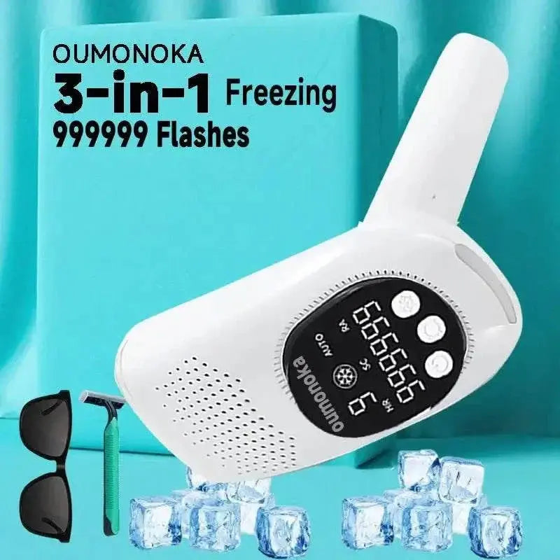 Compact IPL laser hair removal device with 999,999 flashes, digital display, and freezing technology for painless home use