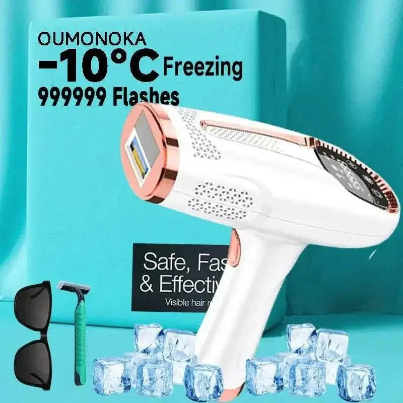 IPL laser hair removal device with 999,999 flashes, safe and effective for home use on body hair reduction.