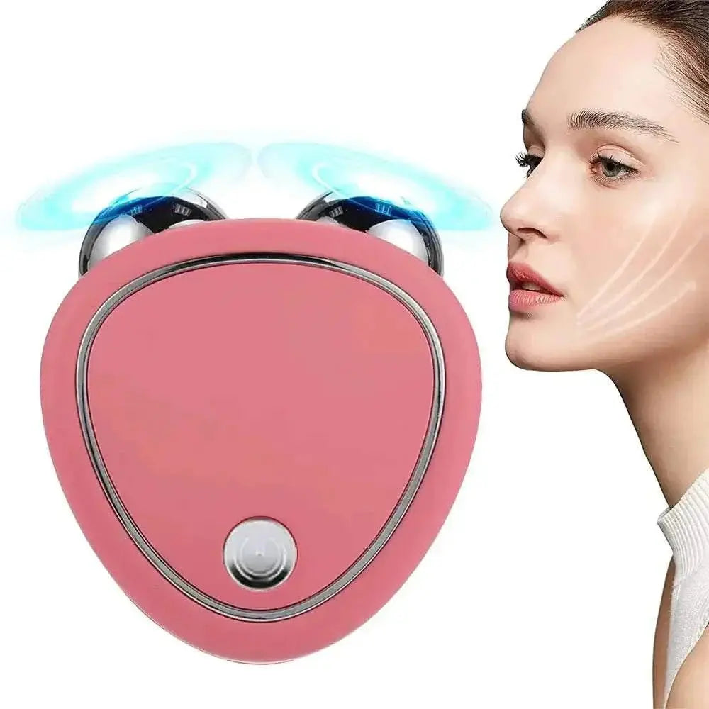 Microcurrent face lifting massager device with dual rotating heads and a woman using it on her face for skin toning and rejuvenation