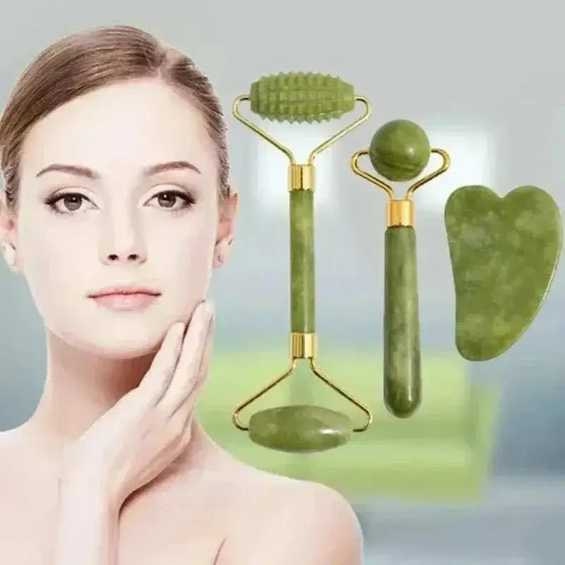 Natural jade face massage set with roller and Gua Sha tool for facial contouring and skin rejuvenation