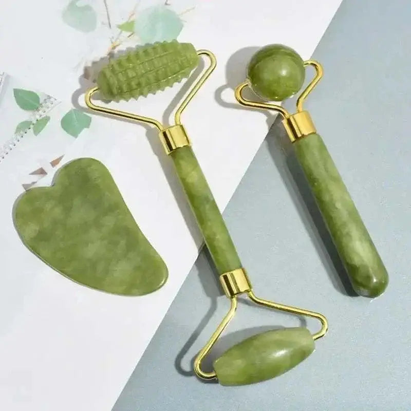 Natural Jade Face Massage Set with roller and Gua Sha tool for skin firming and circulation enhancement