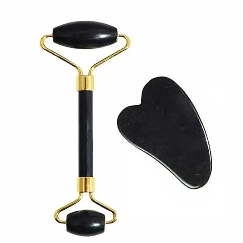 Natural jade face massage set with black roller and Gua Sha tool for skincare and facial sculpting