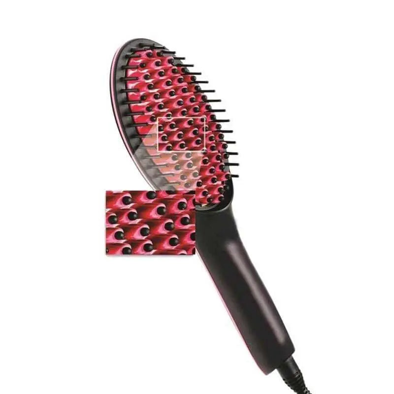 Close-up of a professional hair straightening brush with ceramic tourmaline bristles for smooth styling.