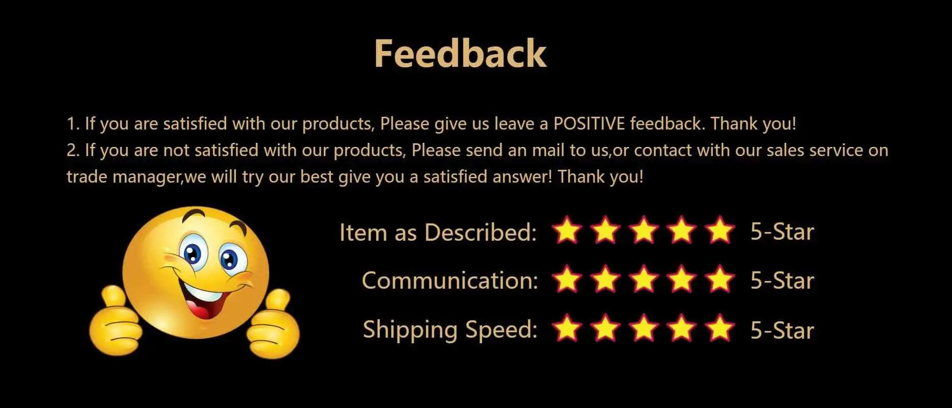 Customer feedback message with ratings for items, communication, and shipping speed on a black background.