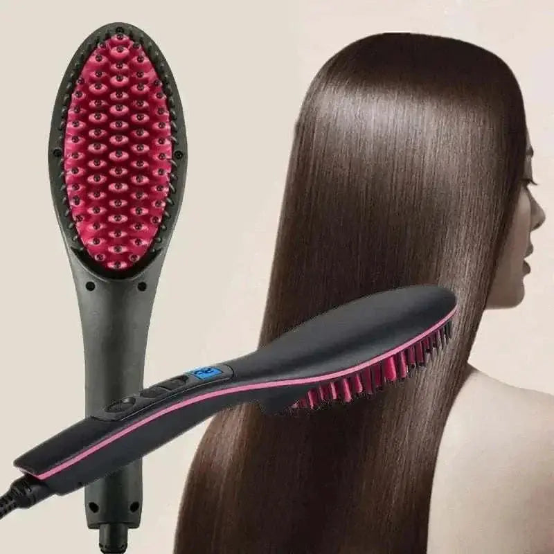 Professional Hair Straightening Brush with ceramic tourmaline technology, digital LCD, and 360° swivel cord for smooth, shiny hair.
