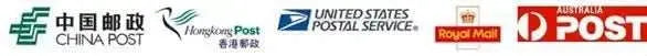 Logos of various postal services including China Post, Hong Kong Post, USPS, Royal Mail, and Australia Post.