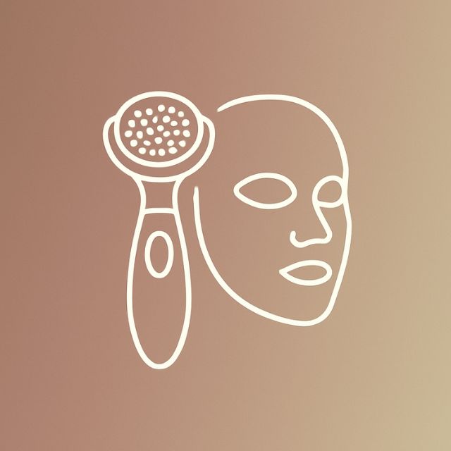 Pink silicone ice roller with clear freezing compartment for facial skincare on beige background with blurred flowers