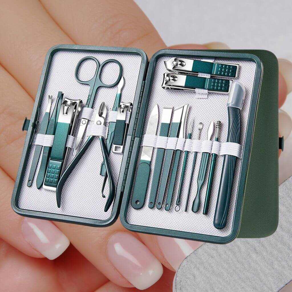 Professional stainless steel manicure set with scissors, nail clippers, tweezers, and cuticle tools in a compact green leather case