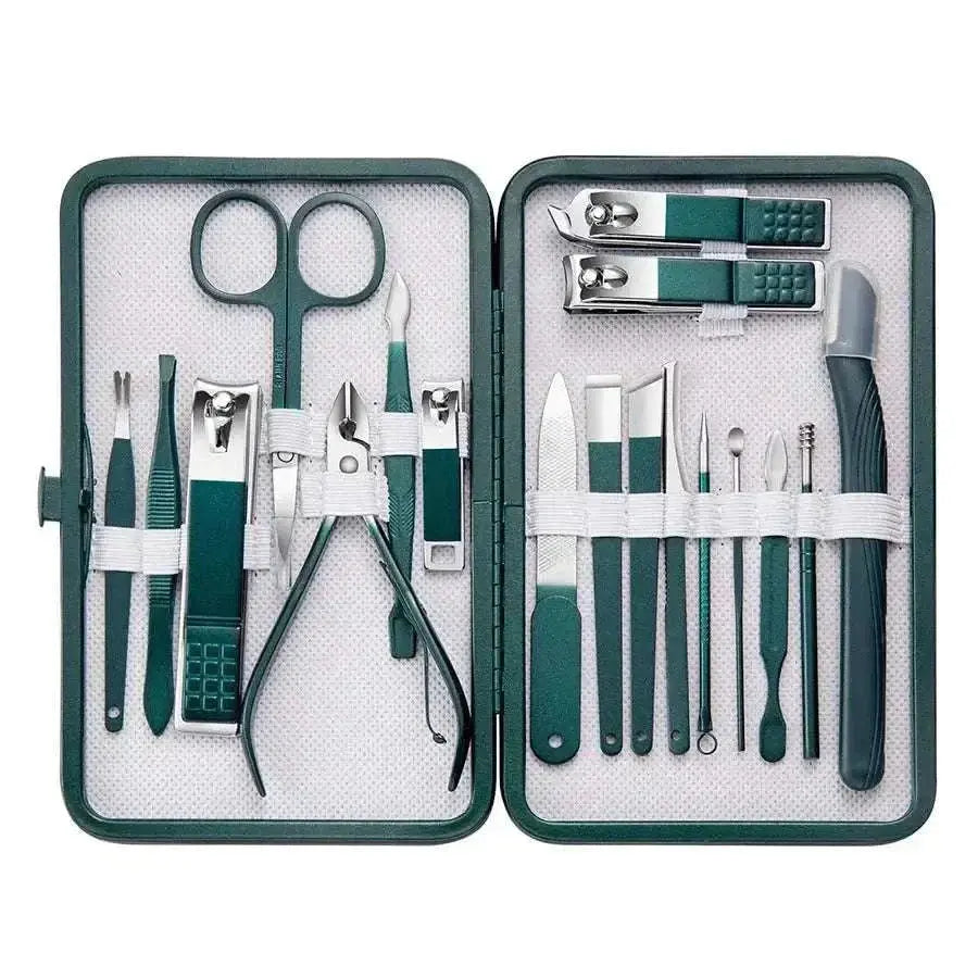 Professional stainless steel manicure set with nail clippers, scissors, tweezers, and grooming tools in a green travel case