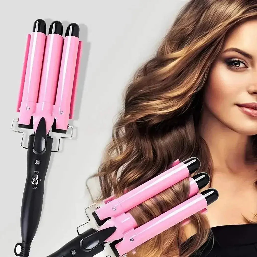 Pink triple barrel hair waver ceramic curling iron creating beach waves on brunette woman
