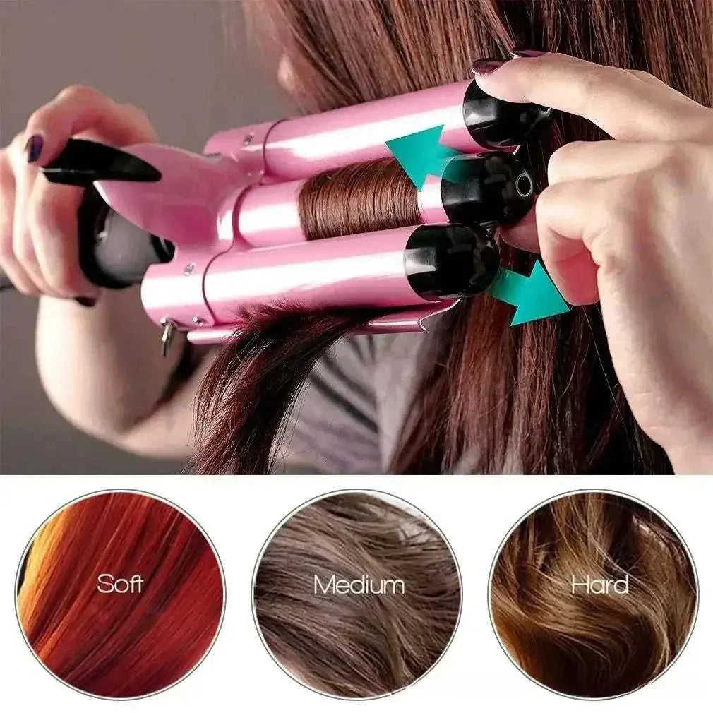 Triple Barrel Hair Waver curling iron creating soft beach waves with adjustable heat settings and ceramic barrels