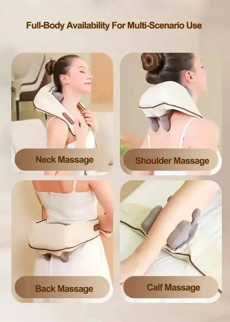 Woman using neck and shoulder massager with heat for neck, shoulder, back, and calf massage showing multi-scenario use