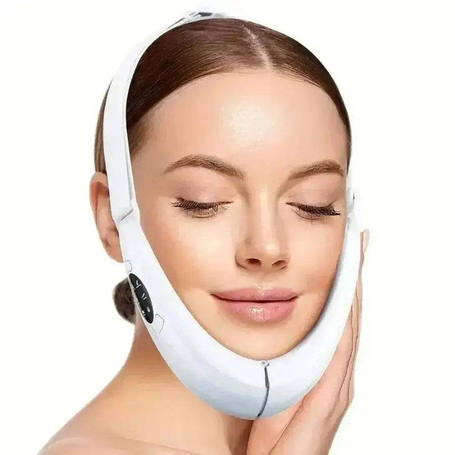 Woman using rechargeable V-Line Face Lifting Device for jawline contouring and skin tightening