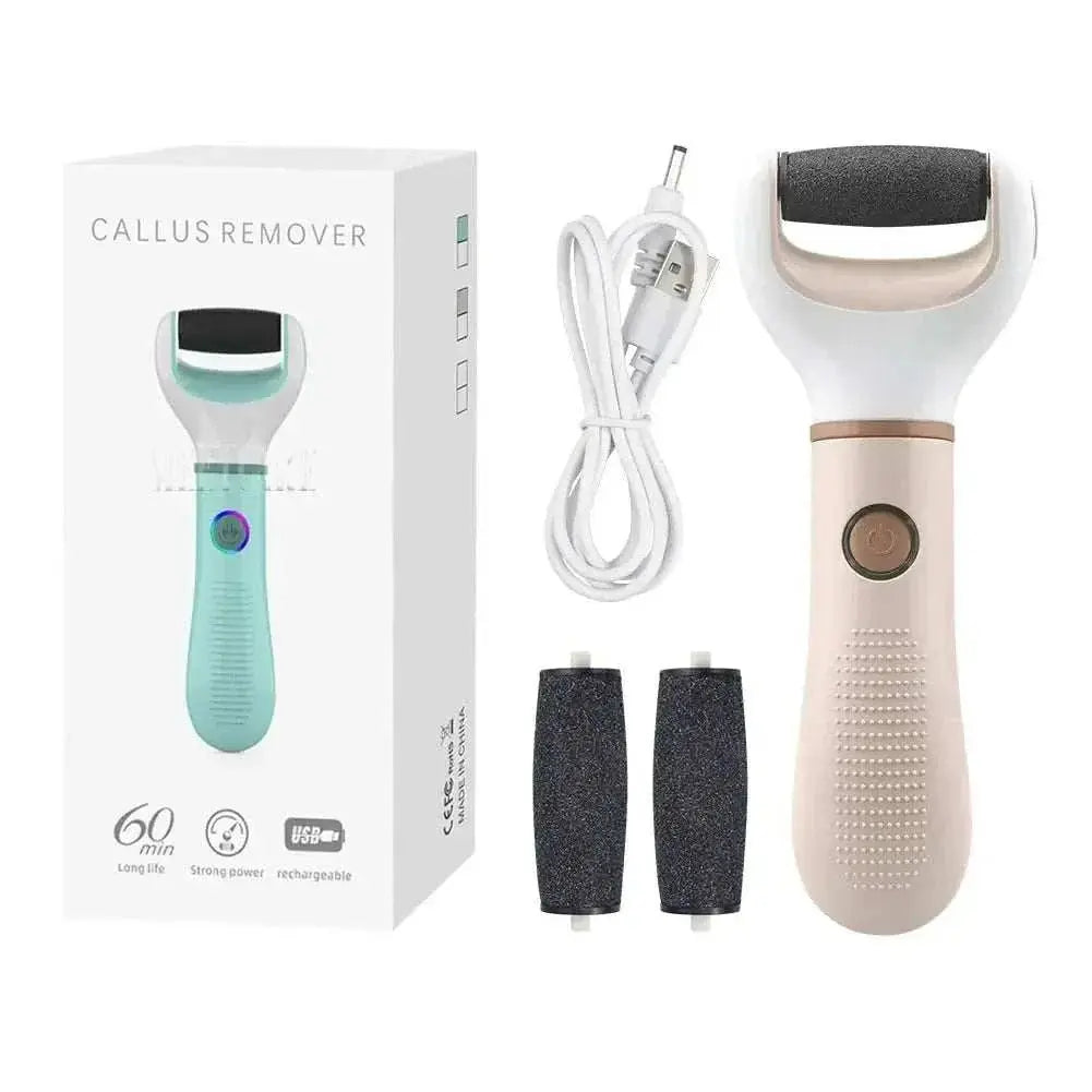 Wireless electric foot grinder with rechargeable USB, two replacement heads, and ergonomic handle for effective callus removal and exfoliation
