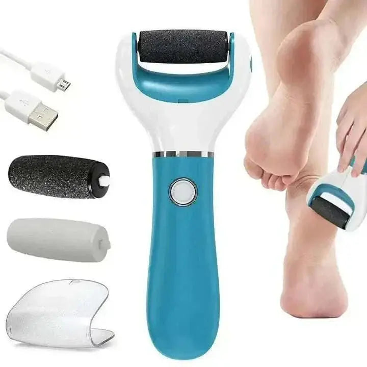 Wireless Electric Foot Grinder with rechargeable design, rotating head, and multiple attachments for removing dead skin and calluses, shown in use on feet.
